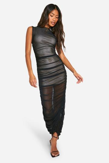 Contrast Mesh Rouched Midi Dress black