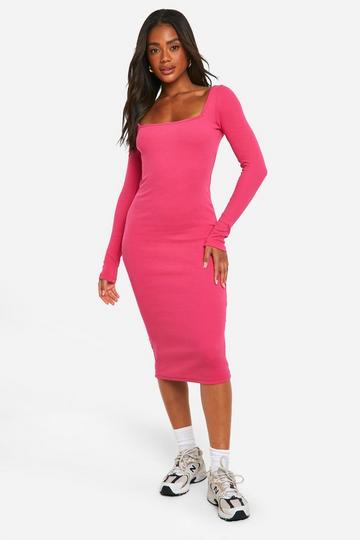 Basic Midi Jurk Met Vierkante Hals hot pink