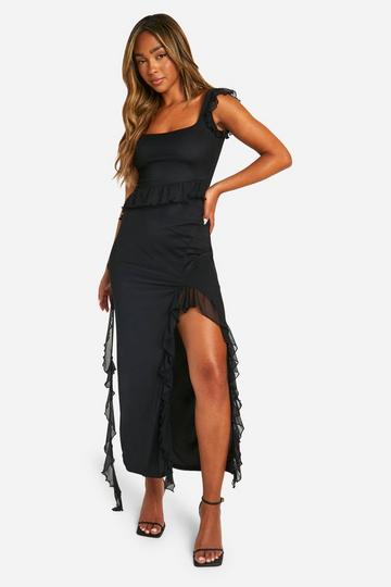 Maxi Jurk Met Bandjes, Ruches En Split black