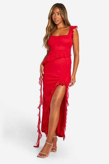 Maxi Jurk Met Bandjes, Ruches En Split red