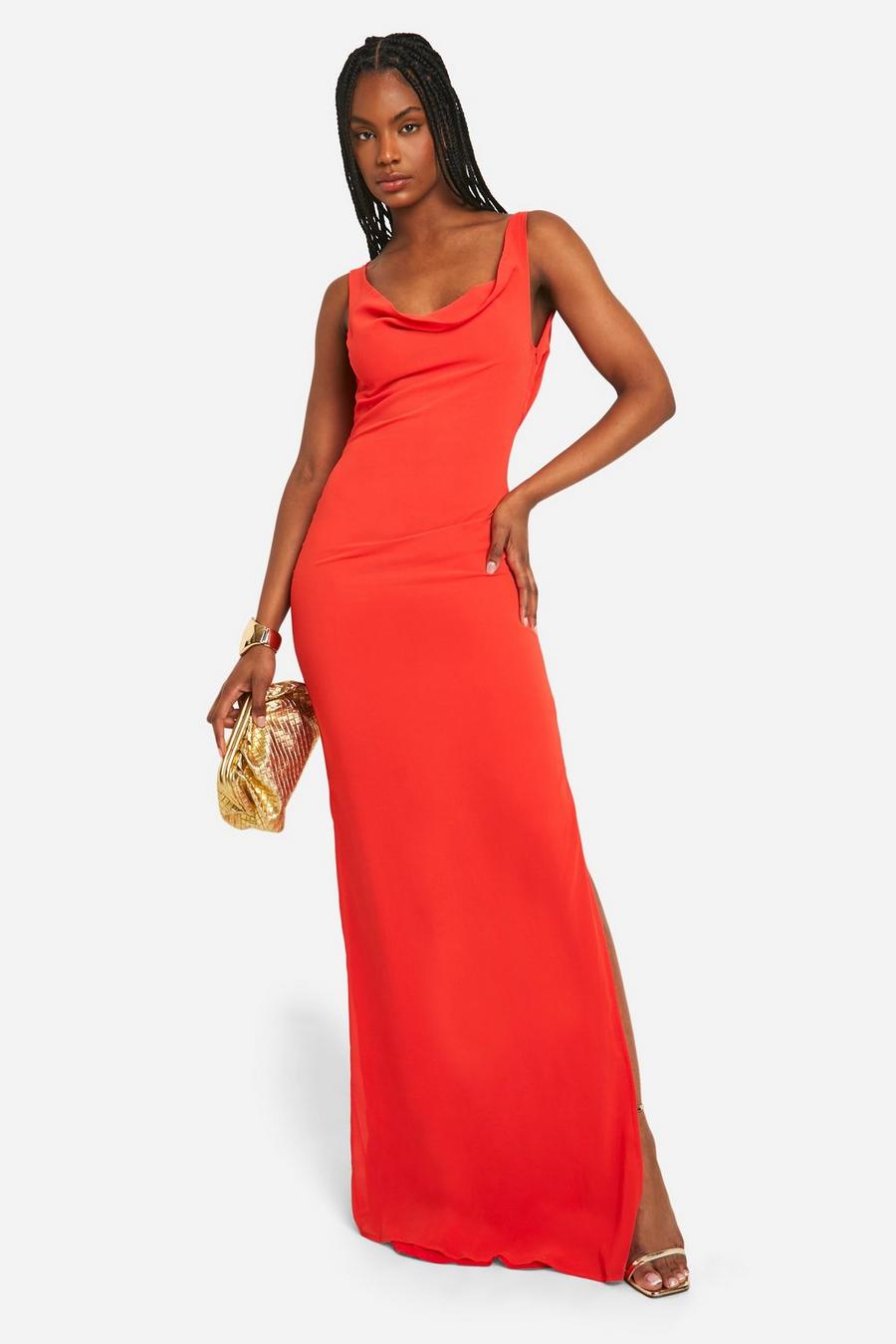 Red Tall Chiffon Cowl Neck Maxi Dress image number 1