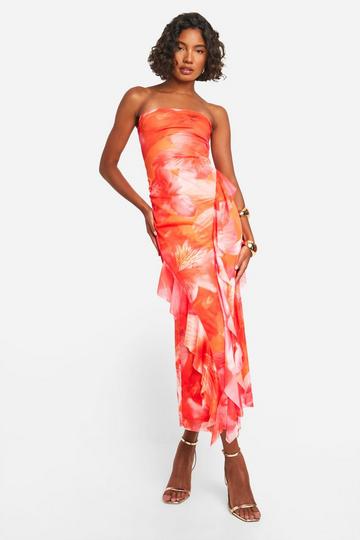 Orange Tall Bright Floral Mesh Ruffle Midi Dress