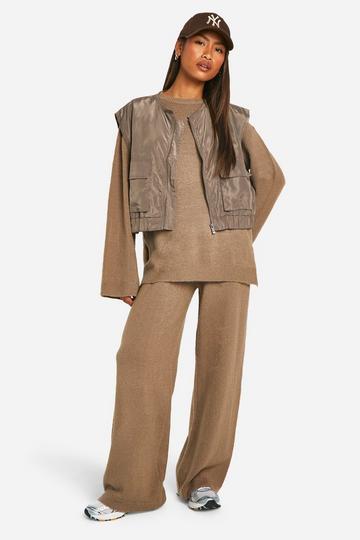 Soft Knit Sweater And Flares Knitted Two-Piece taupe