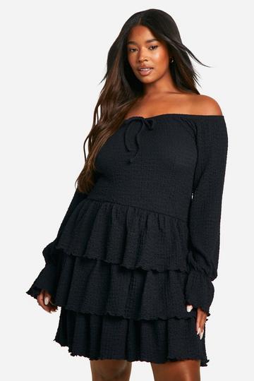 Black Plus Textured Off Shoulder Milkmaid Ruffle Skater Dress