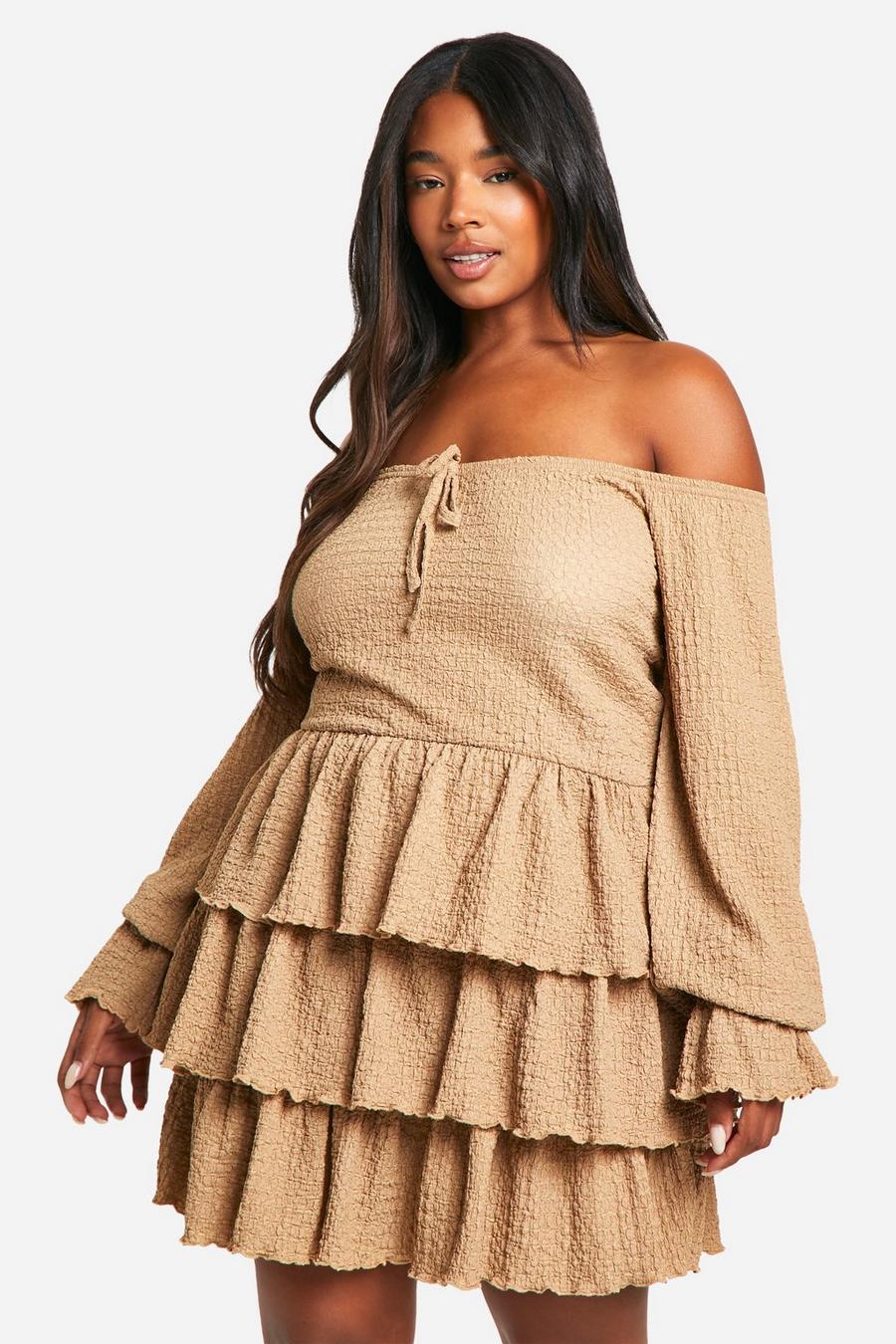 Stone Plus Textured Off Shoulder Milkmaid Ruffle Skater Dress image number 1