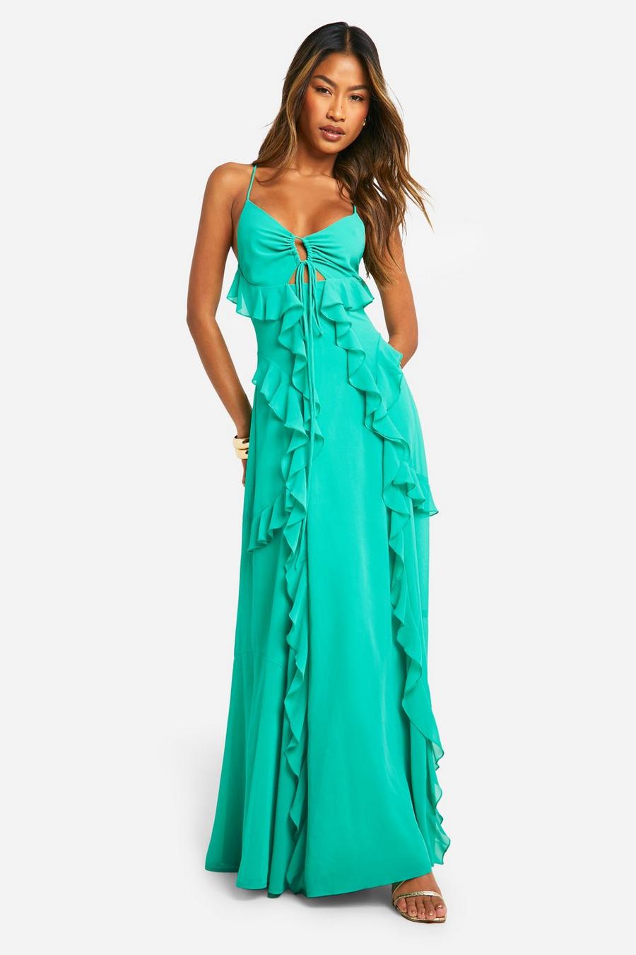Green Strappy Cut Out Ruffle Front Maxi Dress