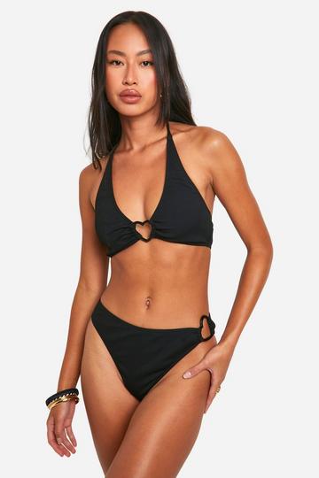 Heart Trim Ribbed Halterneck Bikini Set black