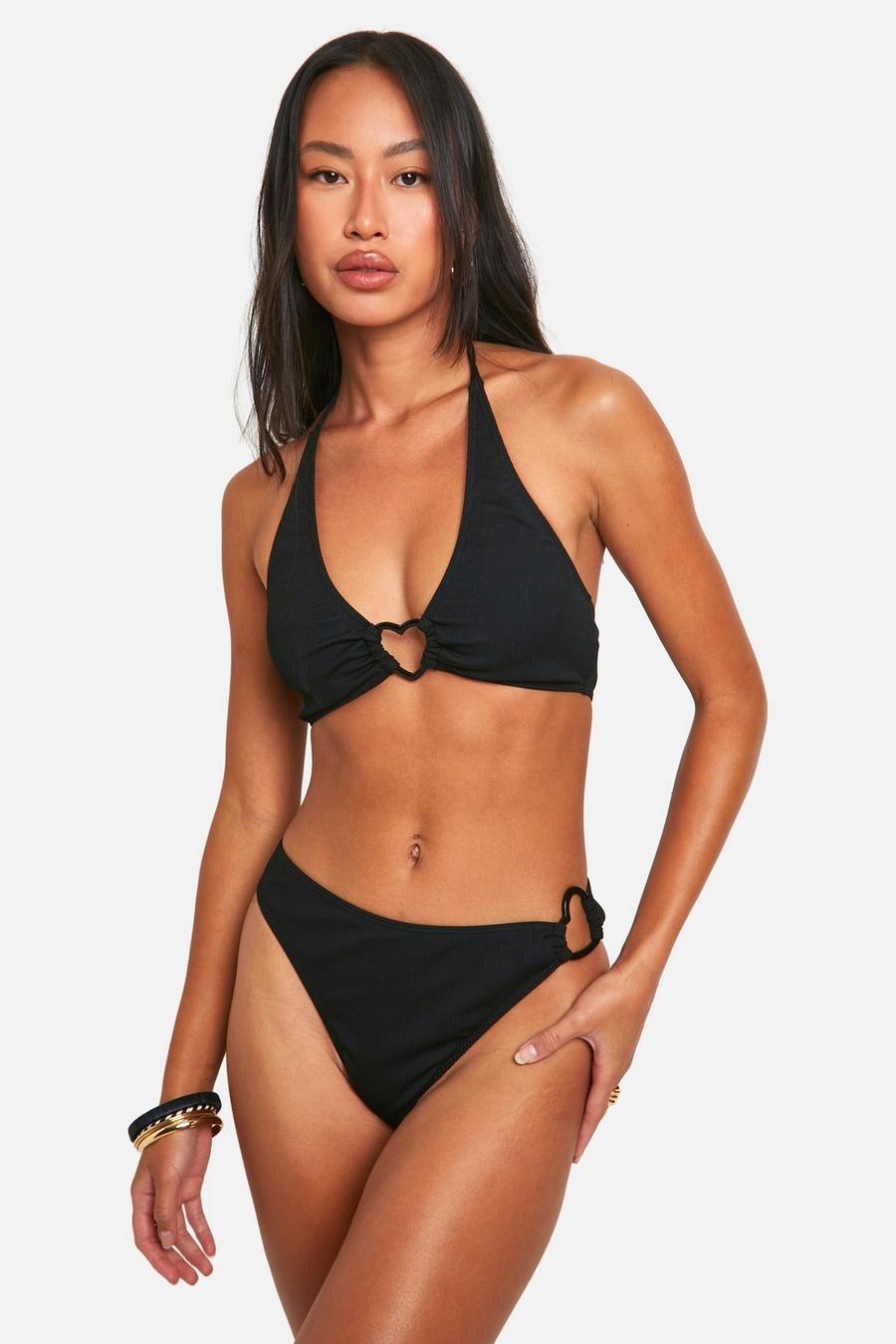 Black Heart Trim Ribbed Halterneck Bikini Set