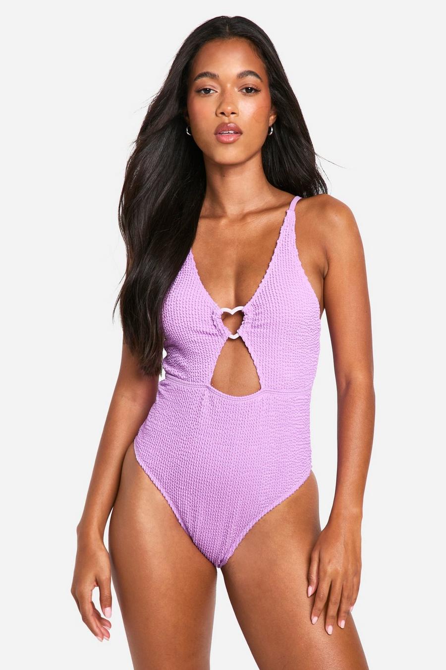 Lilac Heart Trim Crinkle Cut Out Plunge Swimsuit image number 1