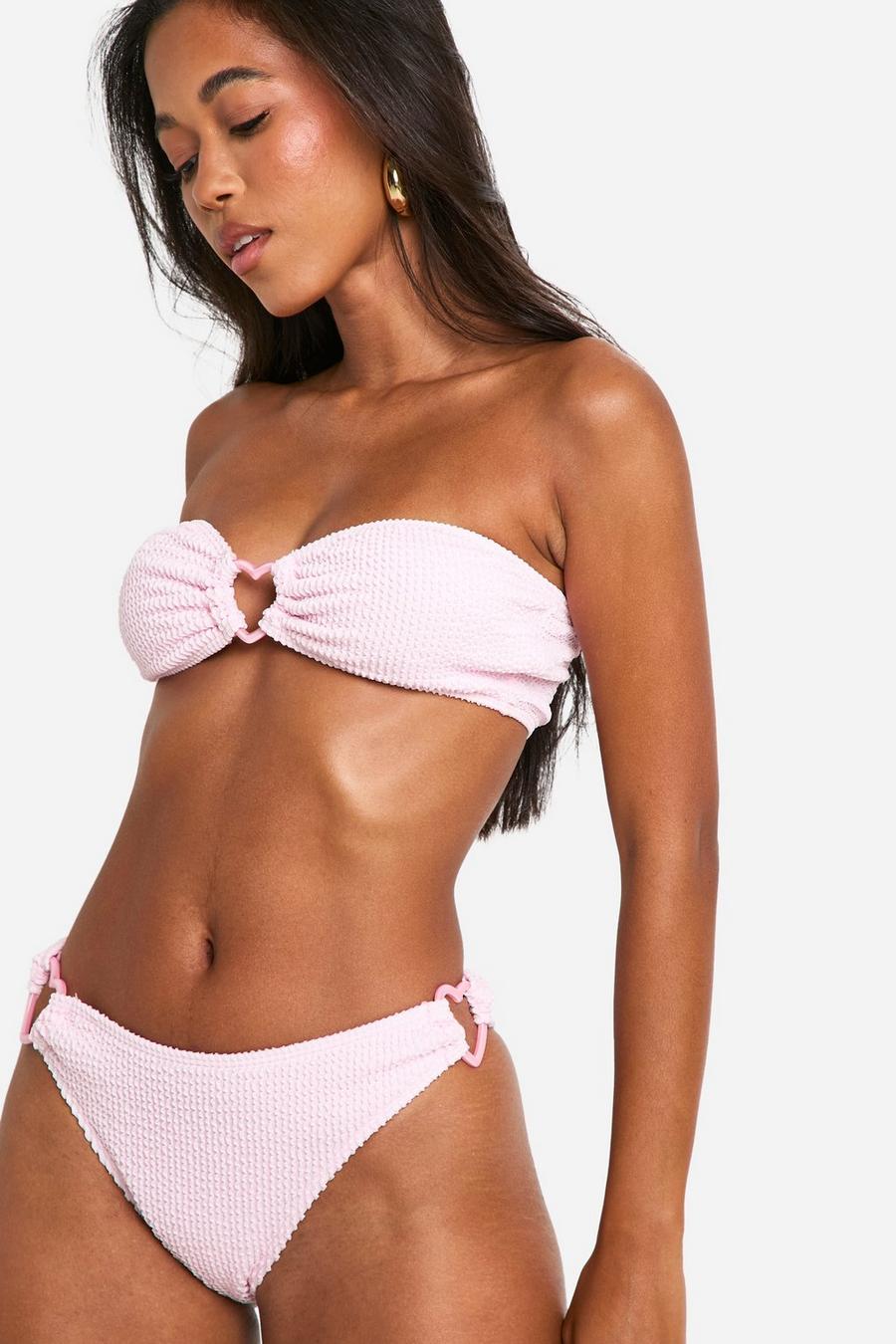 Baby pink Heart Trim Crinkle Bandeau Bikini Top