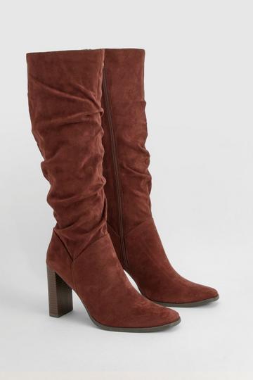 Chocolate Brown Ruched Block Heel Knee High Boot