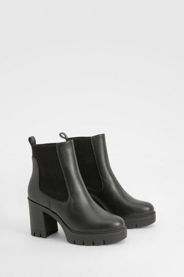 Black Wide Fit Textured Chunky Heeled Chelsea Boot