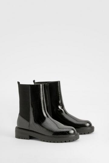 Wide Fit Ankle Detail Croc Pu Chelsea Boot black