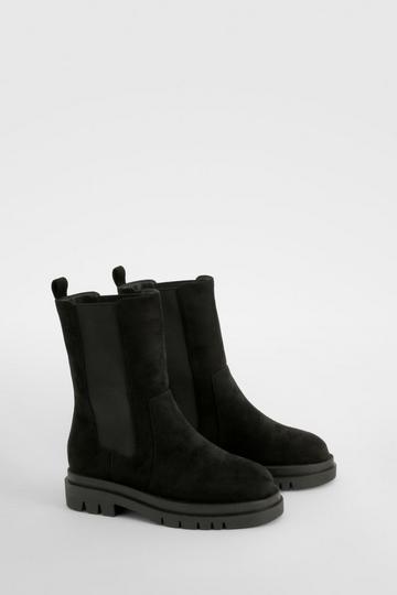 Black Wide Fit Calf High Chunky Sole Chelsea Boots