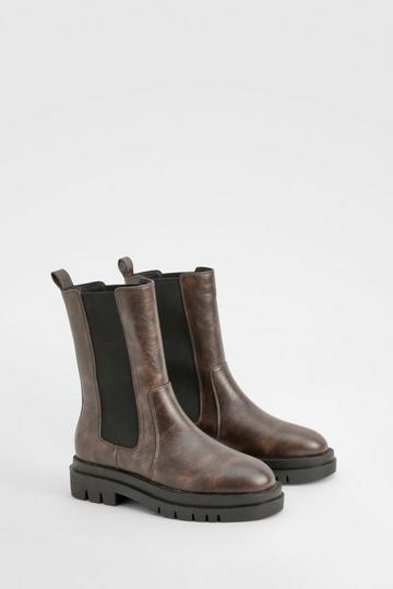 Brown Calf High Chunky Sole Chelsea Boots