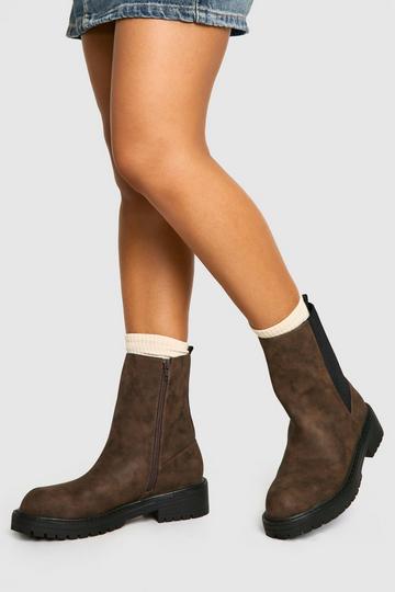 Brown Wide Fit Ankle Detail Distressed Pu Chelsea Boot