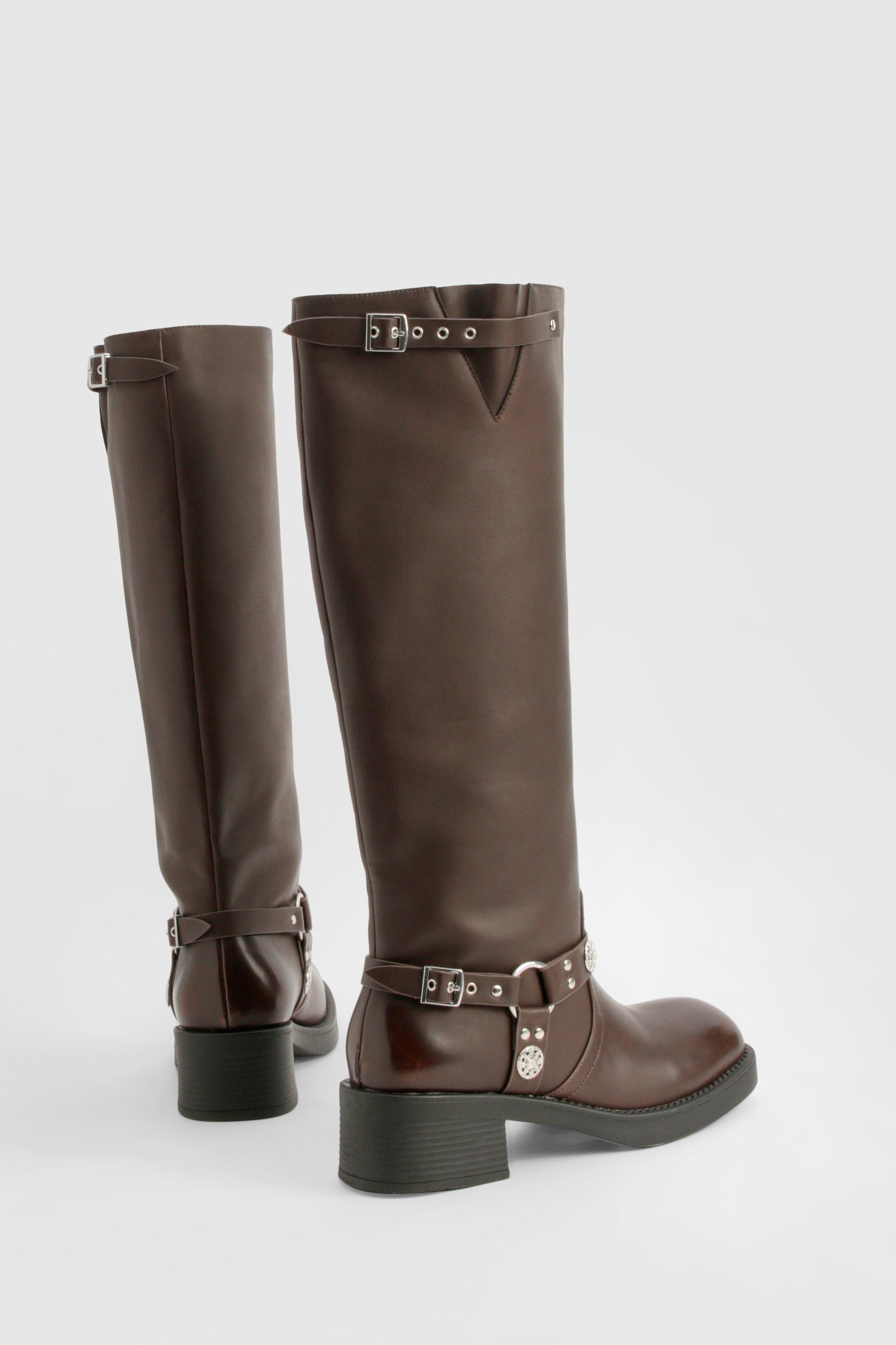 Western Style Buckle Detail Knee High Boots boohoo