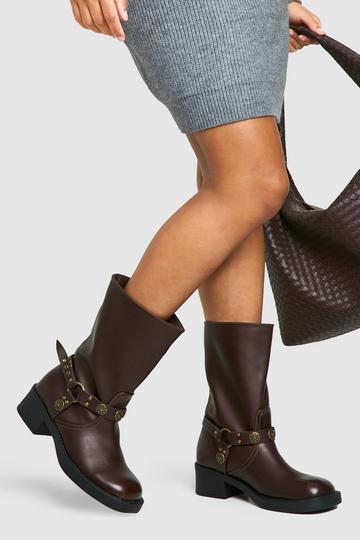 Wide Fit Western Style Buckle Detail Boots brown