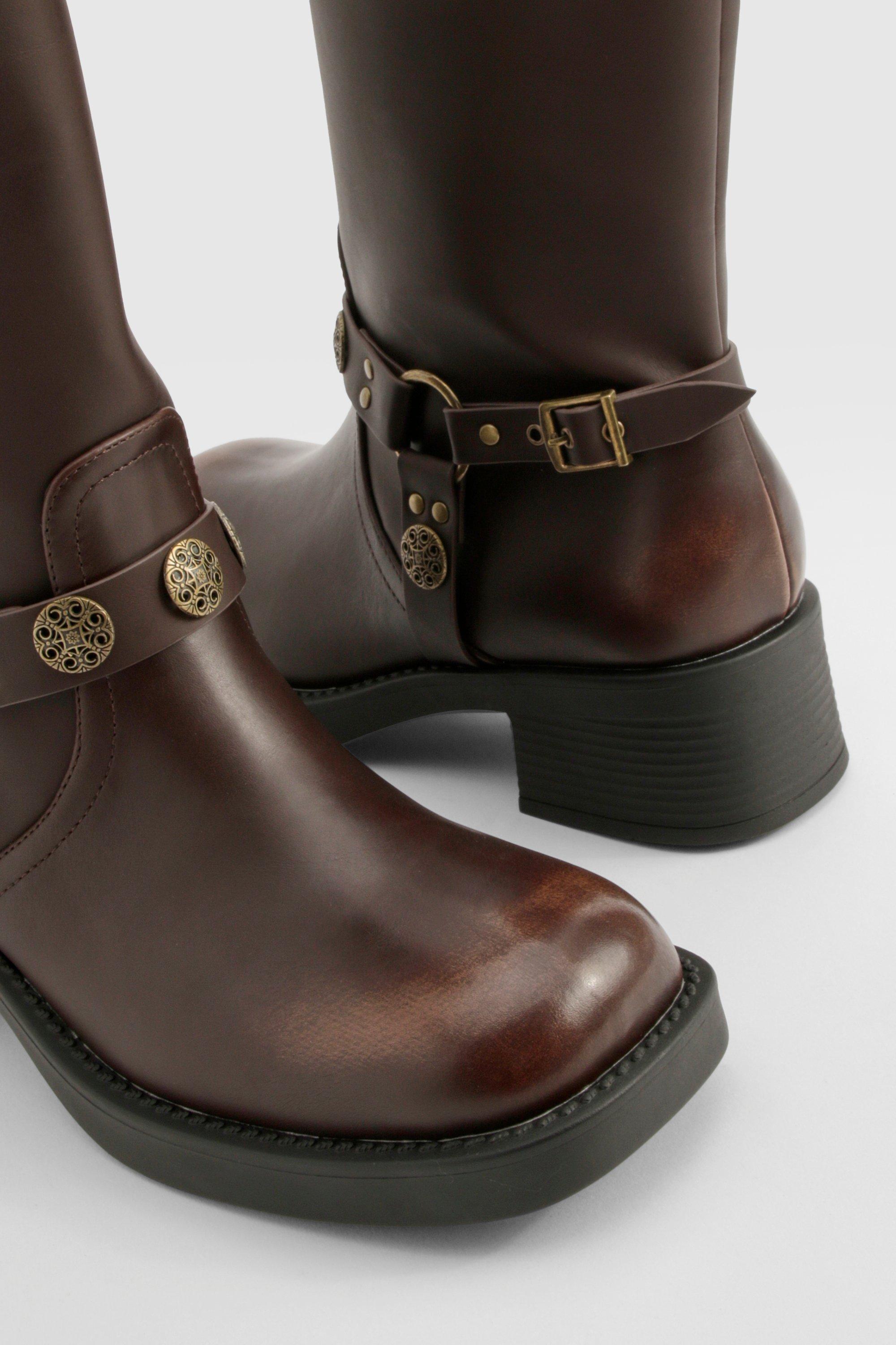 Wide Width Western Style Buckle Detail Boots | boohoo USA