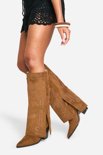 Wide Fit Foldover Western Knee High Boots taupe