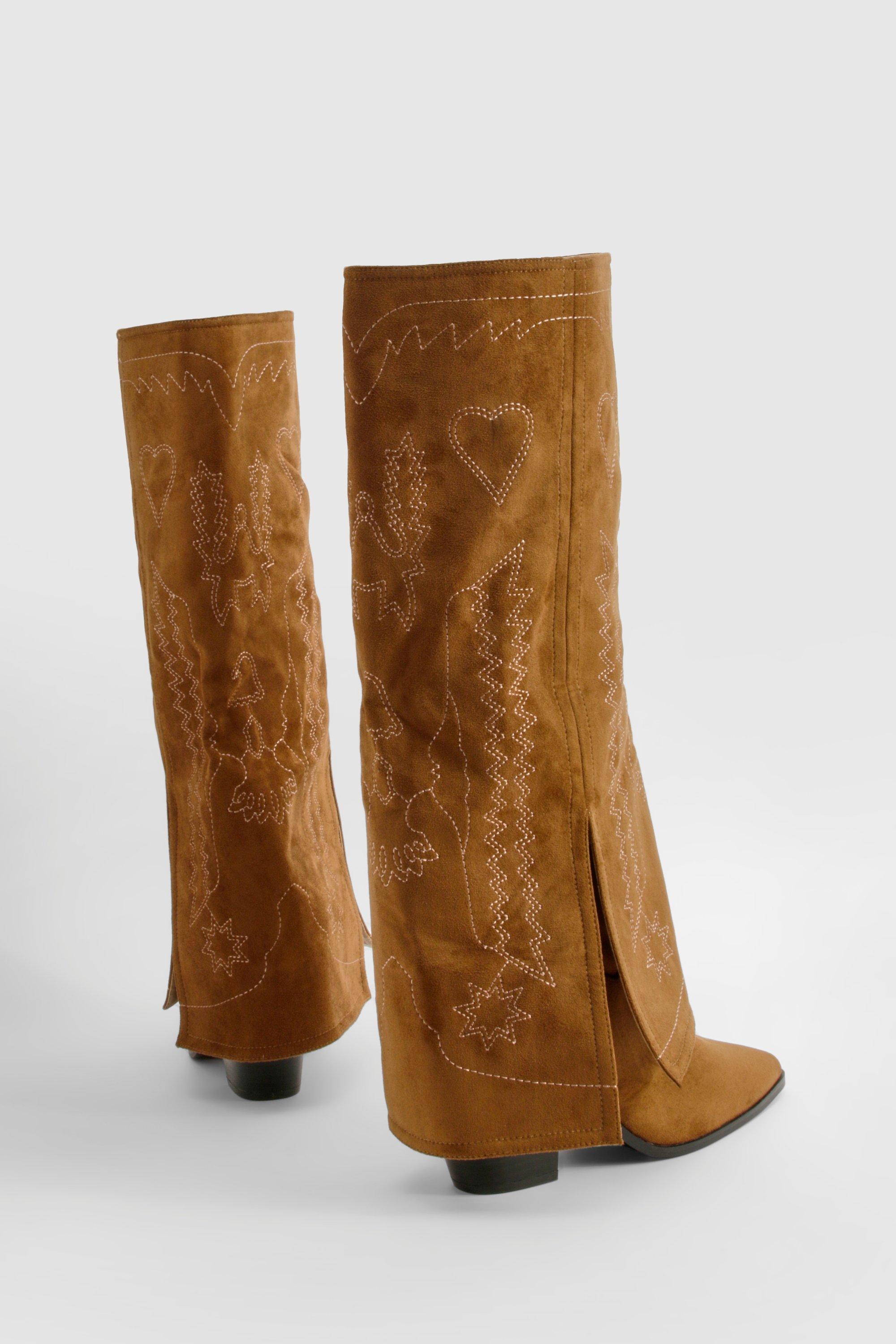 Boohoo Women s Wide Fit Foldover Western Knee High Boots Beige