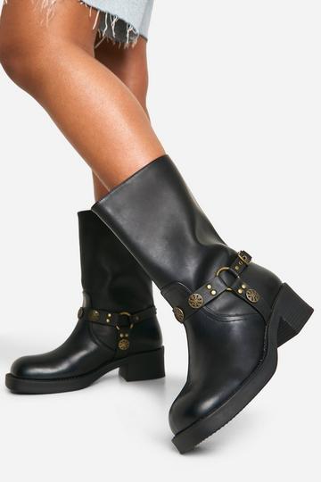 Wide Fit Western Style Buckle Detail Boots black