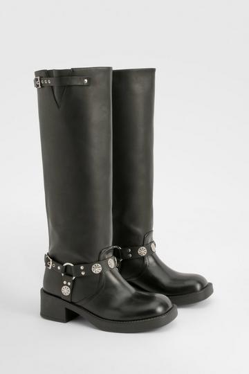 Western Style Buckle Detail Knee High Boots black