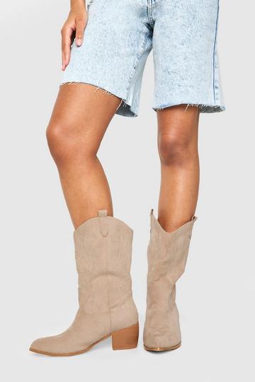 Tan Brown Wide Fit Faux Suede Tab Detail Ankle Cowboy Western Boots