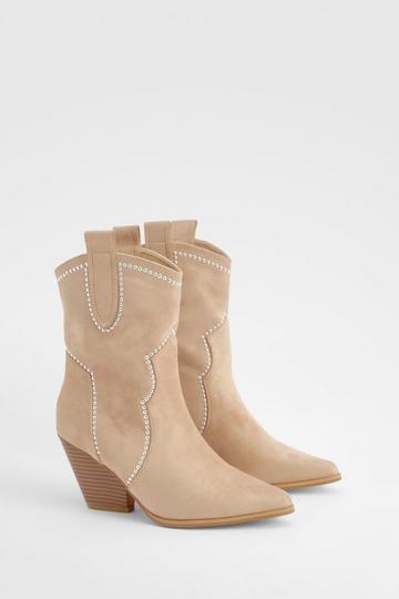 Faux Suede Studded Cowboy Western Ankle Boot sand