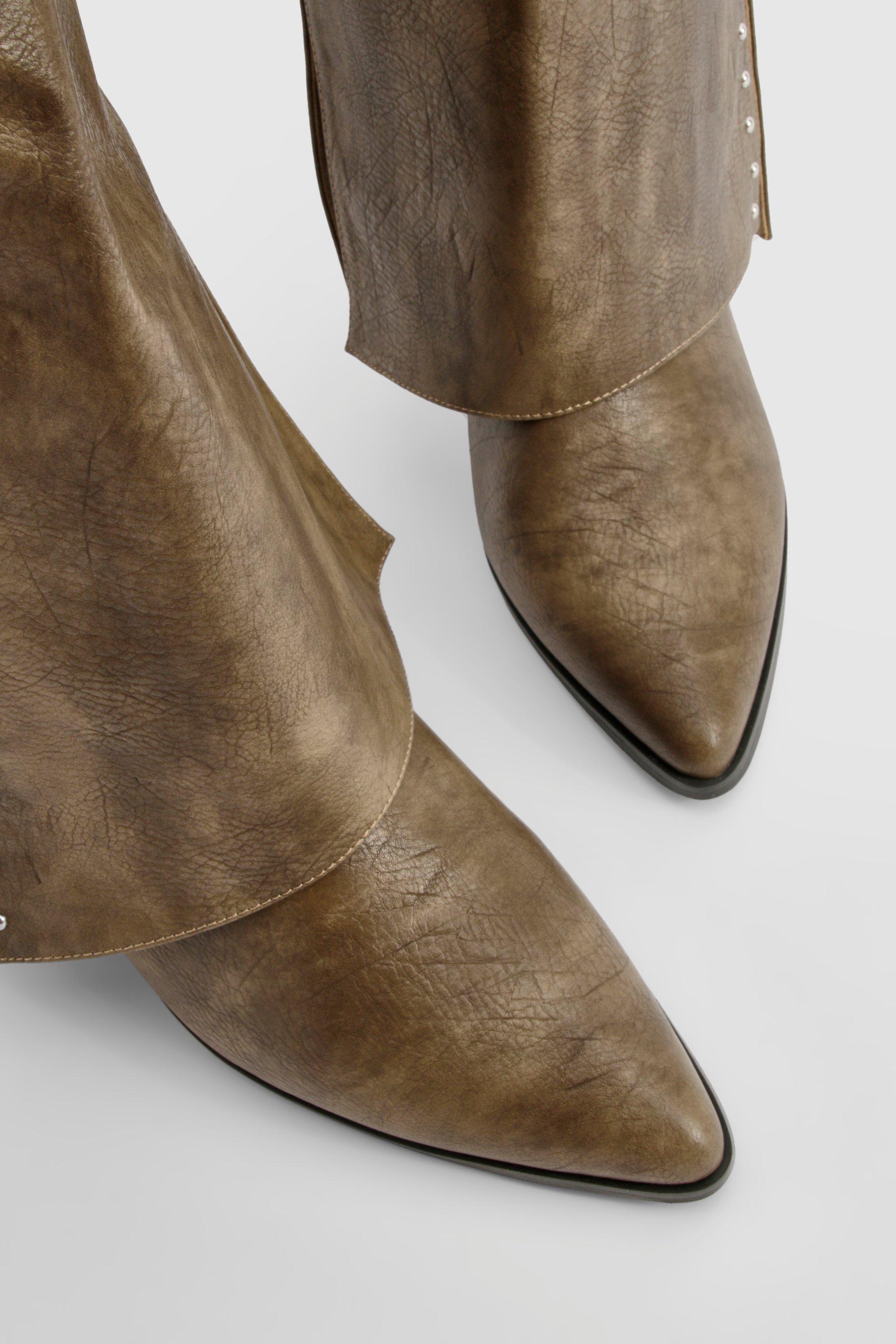 Wide Fit Studded Detail Fold Over Distressed Western Boot boohoo UK