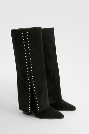 Wide Fit Studded Detail Fold Over Western Boot black