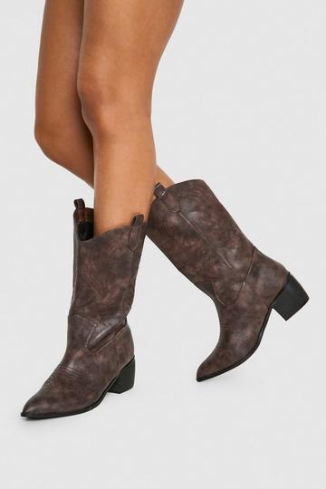 Brown Wide Width Vintage Look Tab Detail Ankle Cowboy Cowboy Boots