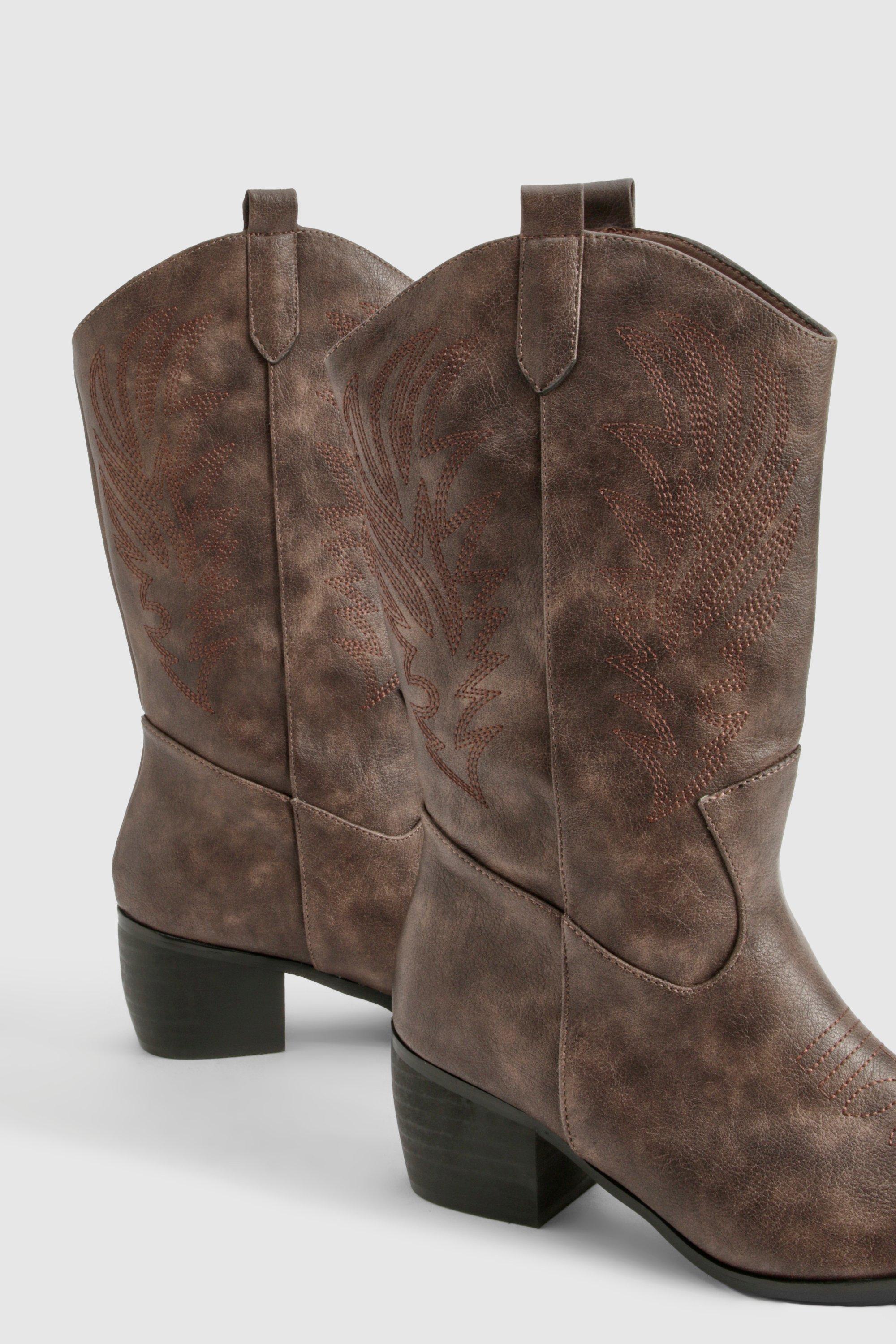 Wide Fit Vintage Look Tab Detail Ankle Cowboy Western Boots