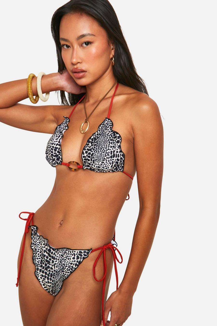 Leopard Contrast Ties Triangle Bikini Set