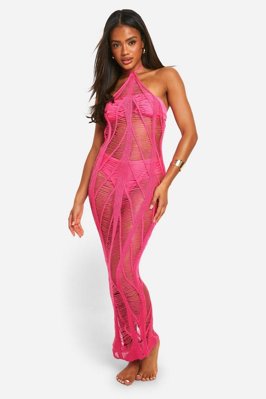 Pink Ladder Knit Halterneck Beach Maxi Dress image number 1