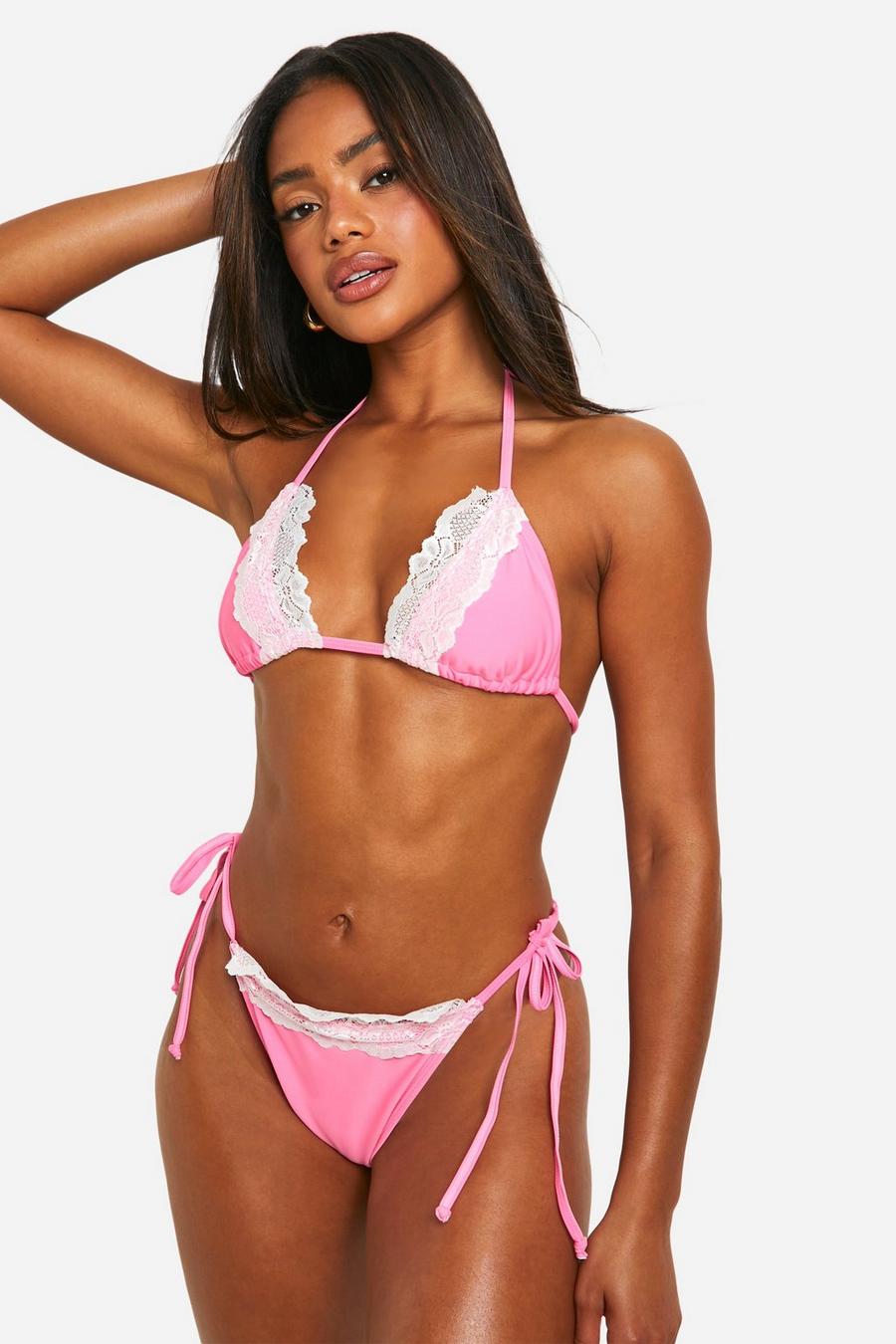Pink Lace Trim Triangle Bikini Set image number 1
