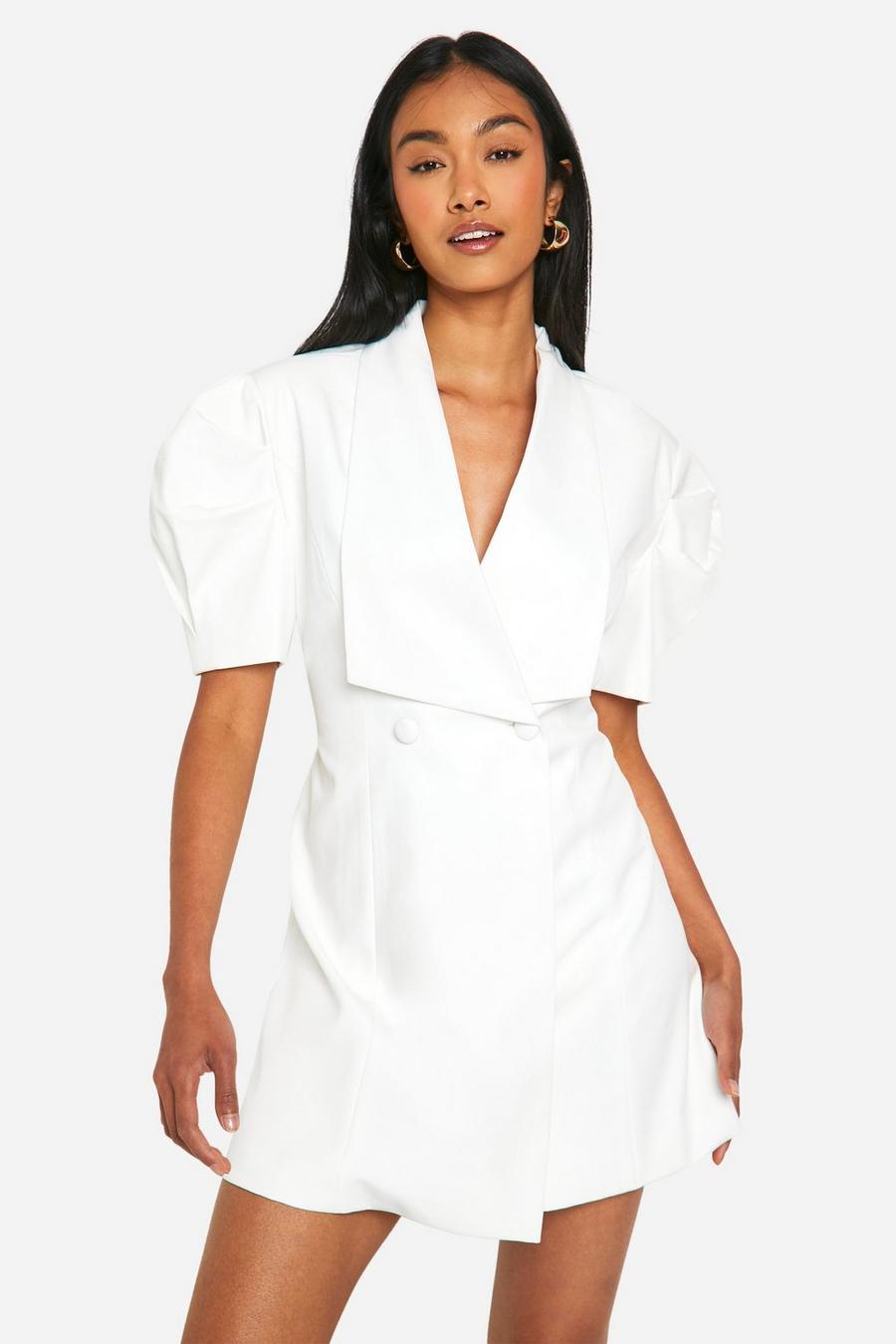White Bow Detail Puff Sleeve Blazer Dress