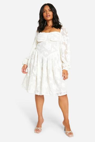 Plus Burnout Corset Detail Long Sleeve Skater Dress white