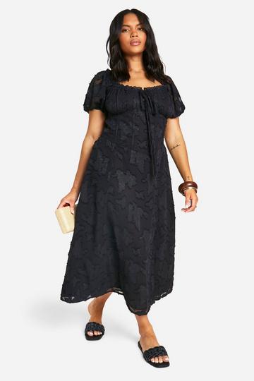 Black Plus Burnout Milkmaid Midi Dress