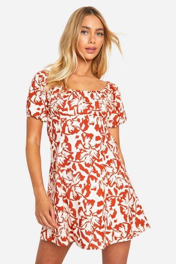 Floral Cotton Blend Puff Sleeve Skater Dress rust