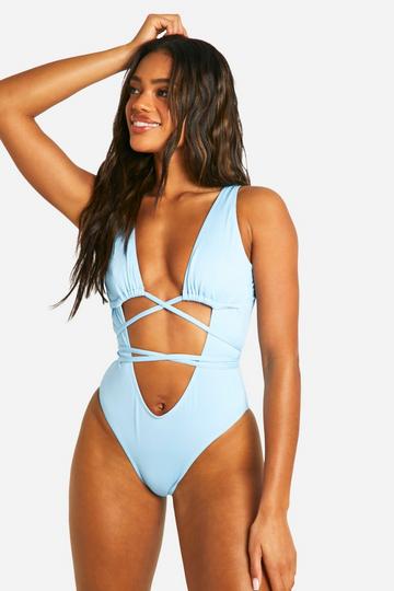 Ribbed Wrap Around Cut Out Swimsuit light blue