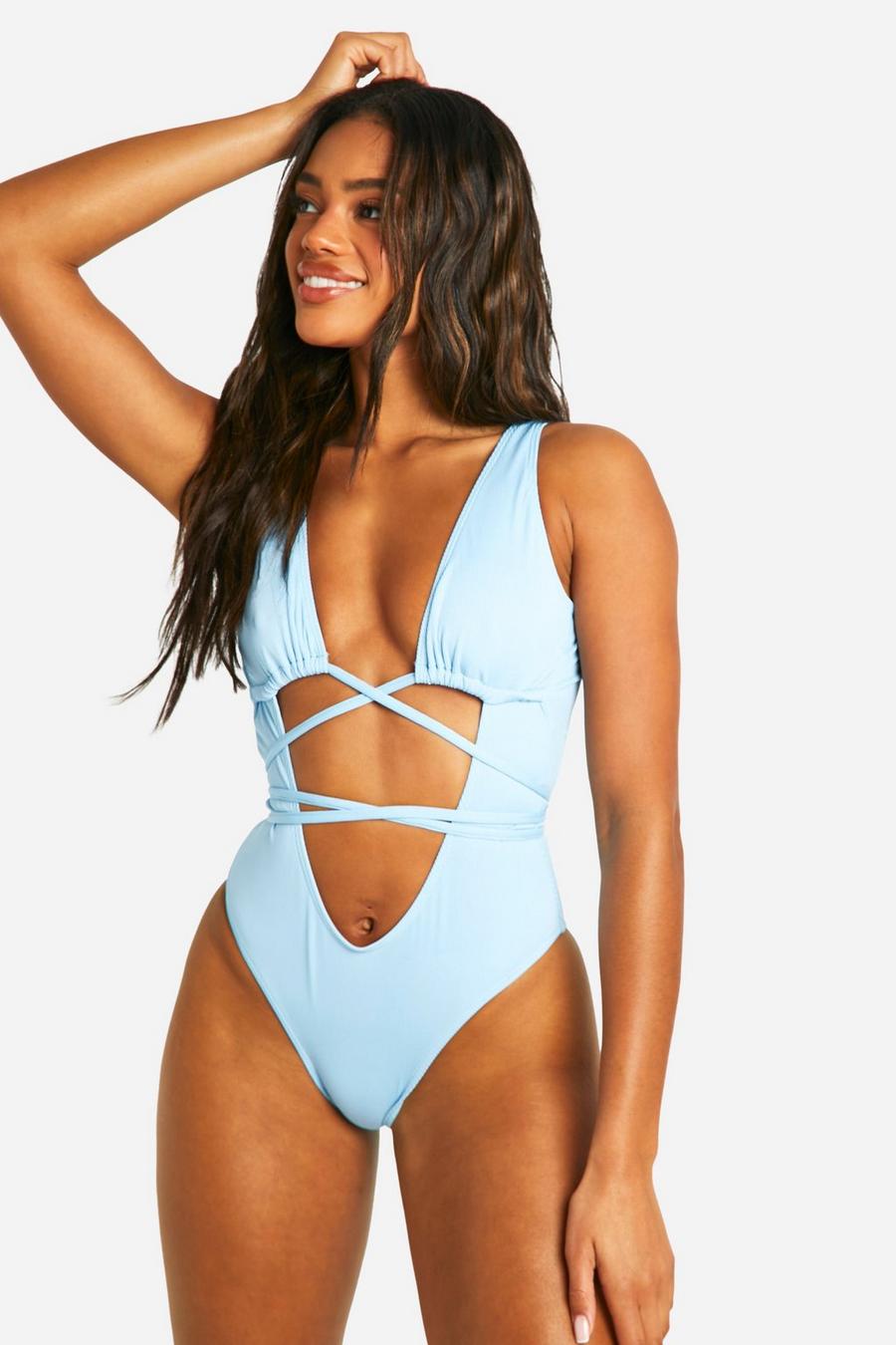 Light blue Ribbed Wrap Around Cut Out Swimsuit image number 1