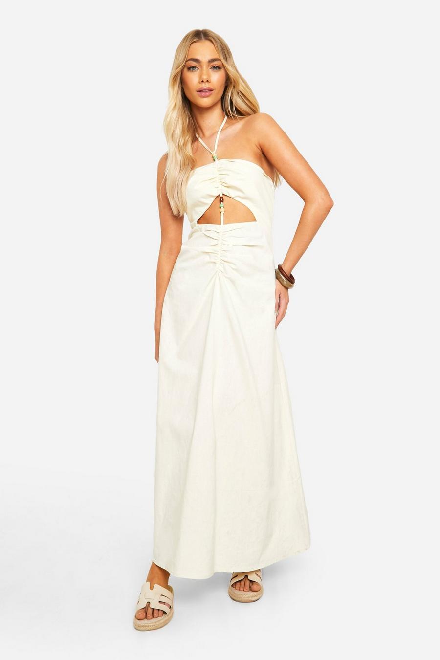 Cream Bead Detail Ruched Linen Look Maxi Dress image number 1
