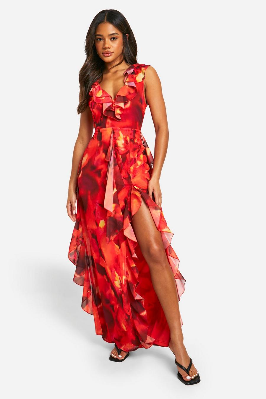 Red Abstract Floral  Ruffle Maxi Dress 
