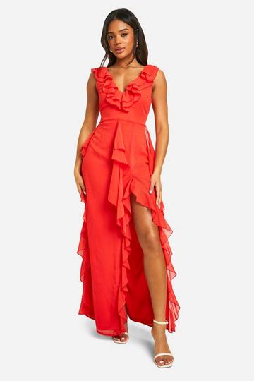 Red Ruffe Detail Maxi Dress