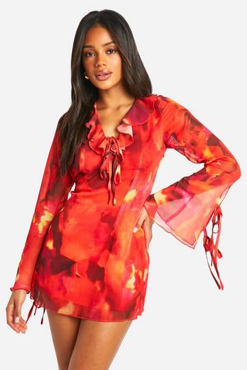 Ruffle Tie Flare Sleeve Mini Dress red