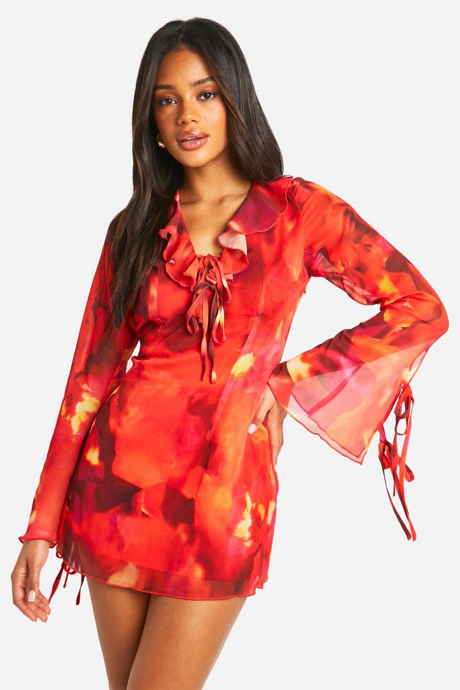 Red Ruffle Tie Flare Sleeve Mini Dress image number 1