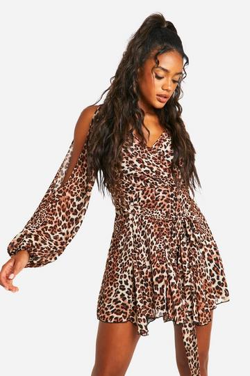 Leopard Godet Hem Lace Up Skater Dress brown