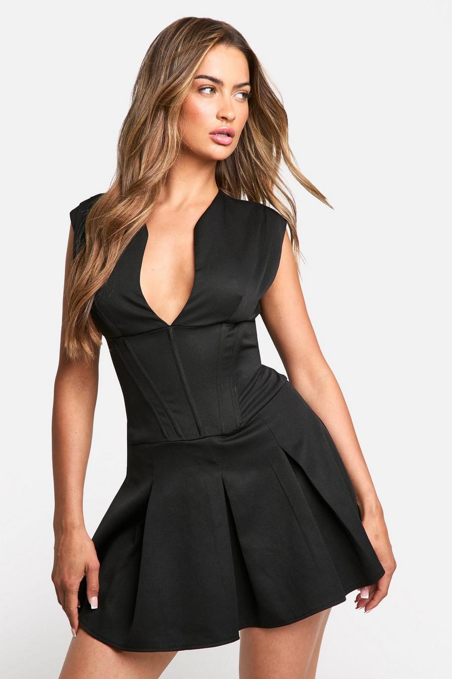 Black Corset Detail Box Pleat Mini Dress
