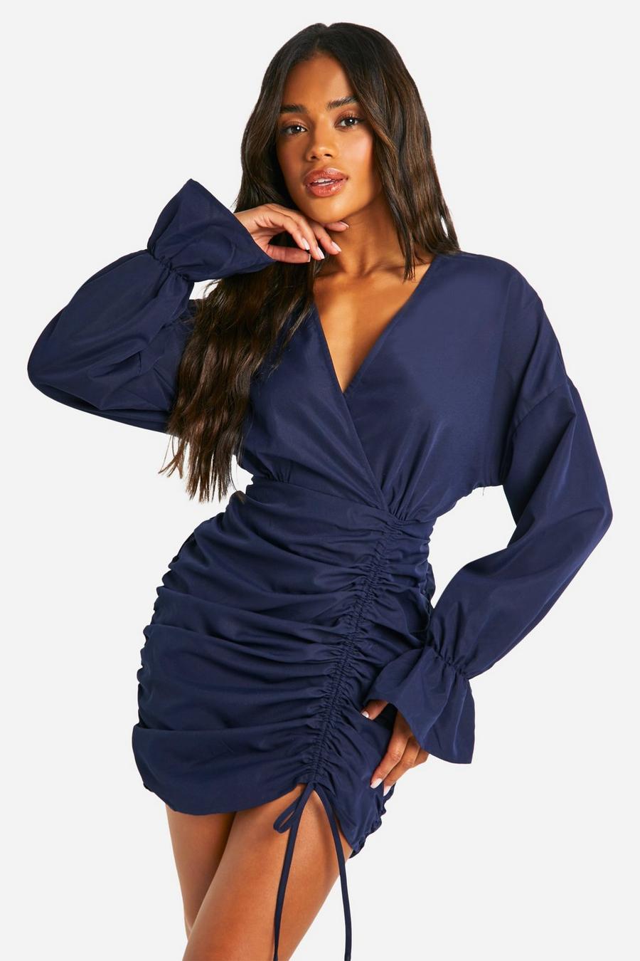 Navy Cotton Ruched Wrap Shirt Dress image number 1